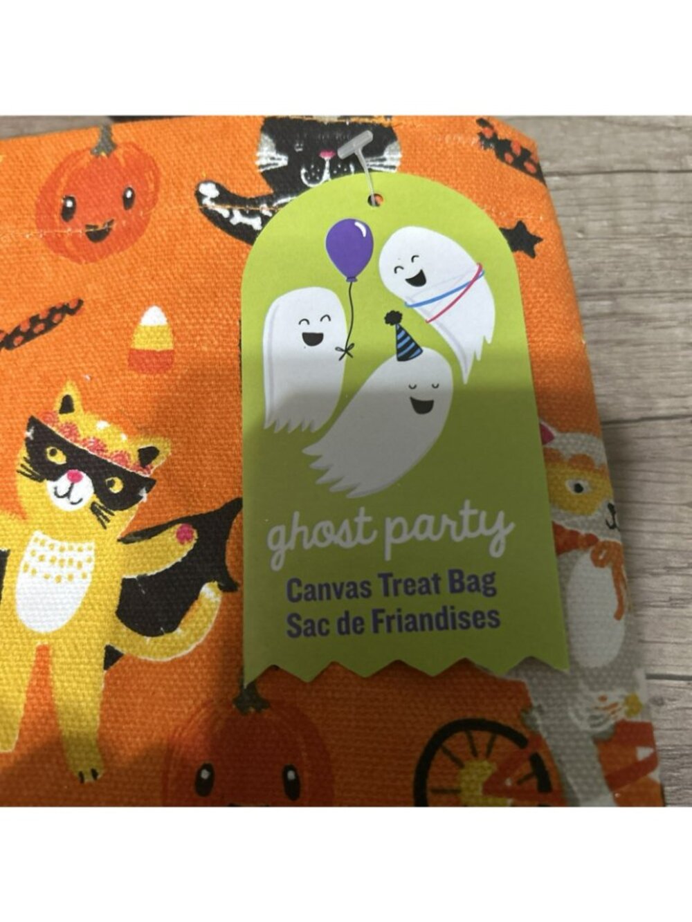 Ghost Party Halloween Canvas Treat Bag With Cat & Pumpkin Print Orange & Black I - Picture 2 of 4